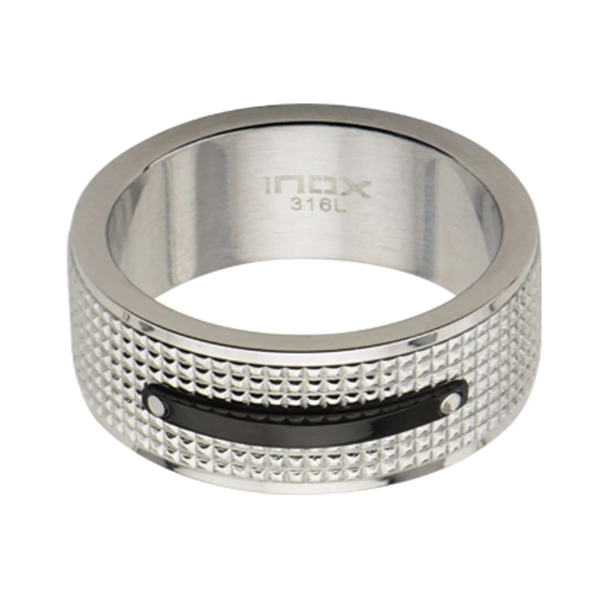 Black and Silver Tone Stainless Steel Checkered Band Ring