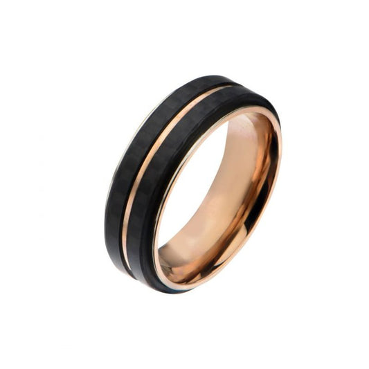 Rose Tone Stainless Steel Double Black Carbon Fiber Stripe Band Ring