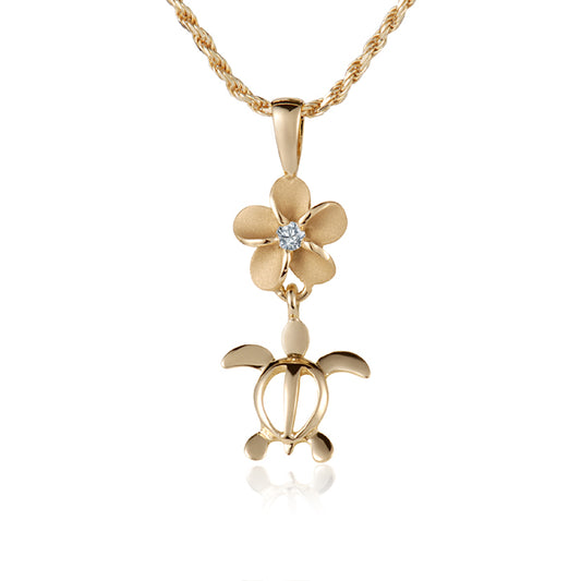 14K Yellow Gold Flower + Turtle Pendant