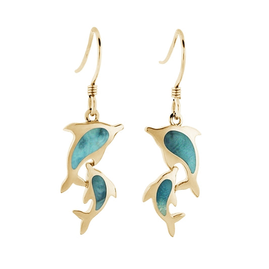 14K Yellow Gold Larimar Dolphin Earrings