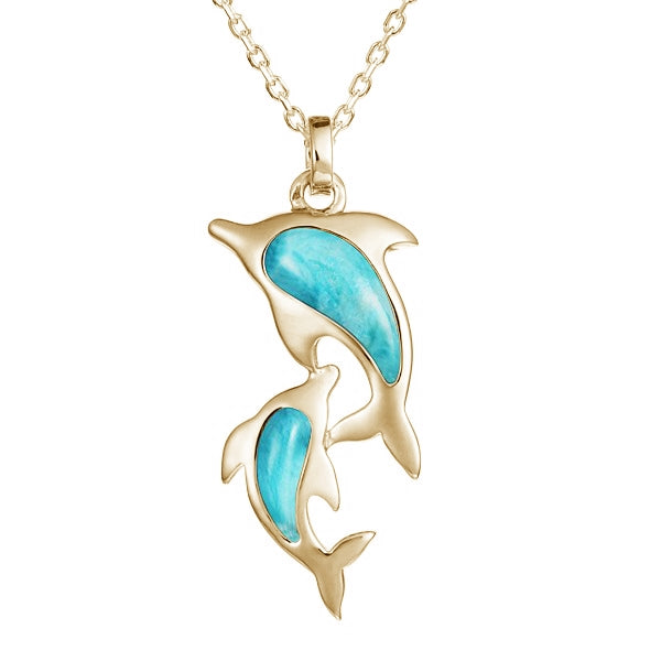 14K Yellow Gold Larimar Dolphin Pendant