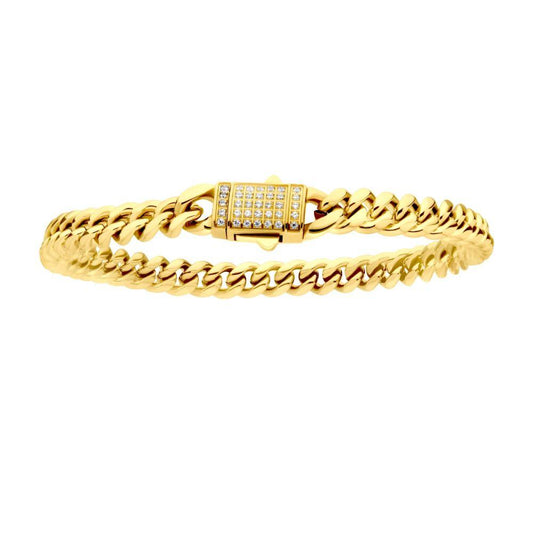 6mm 18Kt Gold IP Miami Cuban Chain Bracelet with CNC Precision Set CZ Double Tab Box Clasp