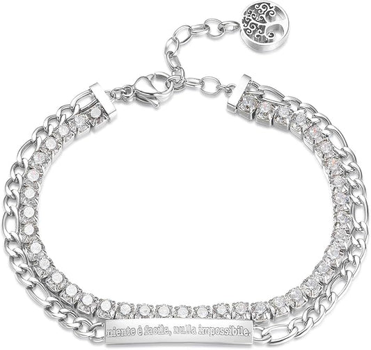 Unisex Double Chain Silver Engraved Bracelet