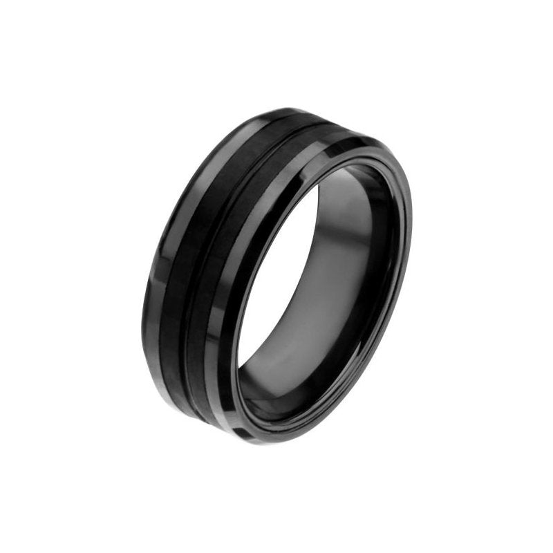 Black Stainless Steel Double Line Solid Carbon Fiber Band Ring