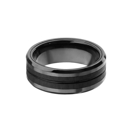 Black Stainless Steel Double Line Solid Carbon Fiber Band Ring