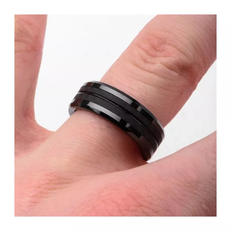 Black Stainless Steel Double Line Solid Carbon Fiber Band Ring