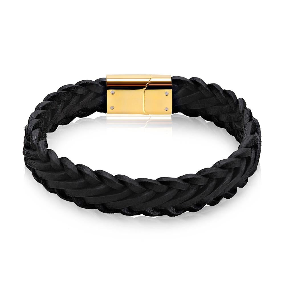 Stainless Steel Black Leather Gold Clasp Bracelet