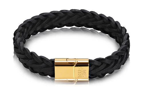 Stainless Steel Black Leather Gold Clasp Bracelet