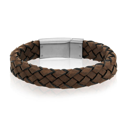 Brown Leather Steel Clasp Bracelet