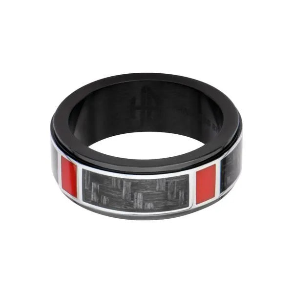 Polished Finish Black with a dash of red Carbon Fiber Weave Pattern Ring