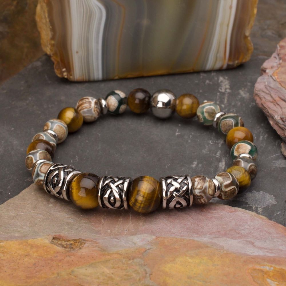 Stainless Steel Tiger Eye & Dzi Stone Bead Bracelet