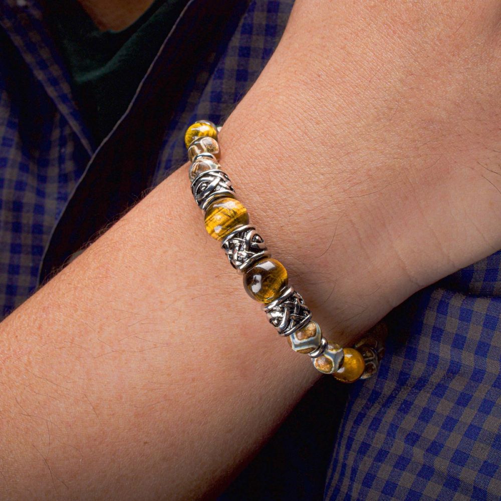 Stainless Steel Tiger Eye & Dzi Stone Bead Bracelet