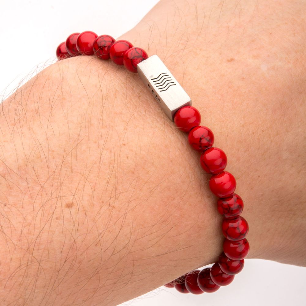 Red Howlite Bead Bracelet with Steel Accent