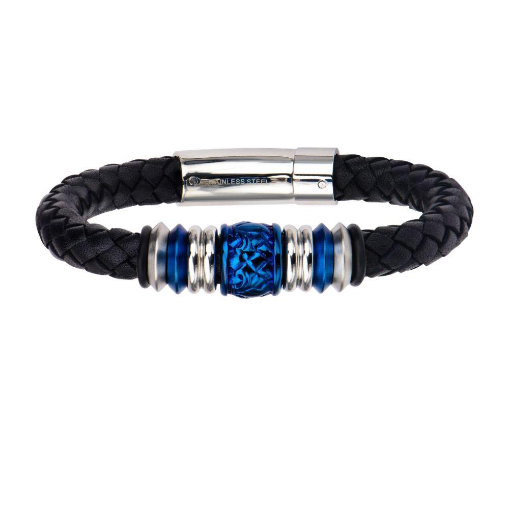 Steel & Blue Bead Black Braided Leather Bracelet