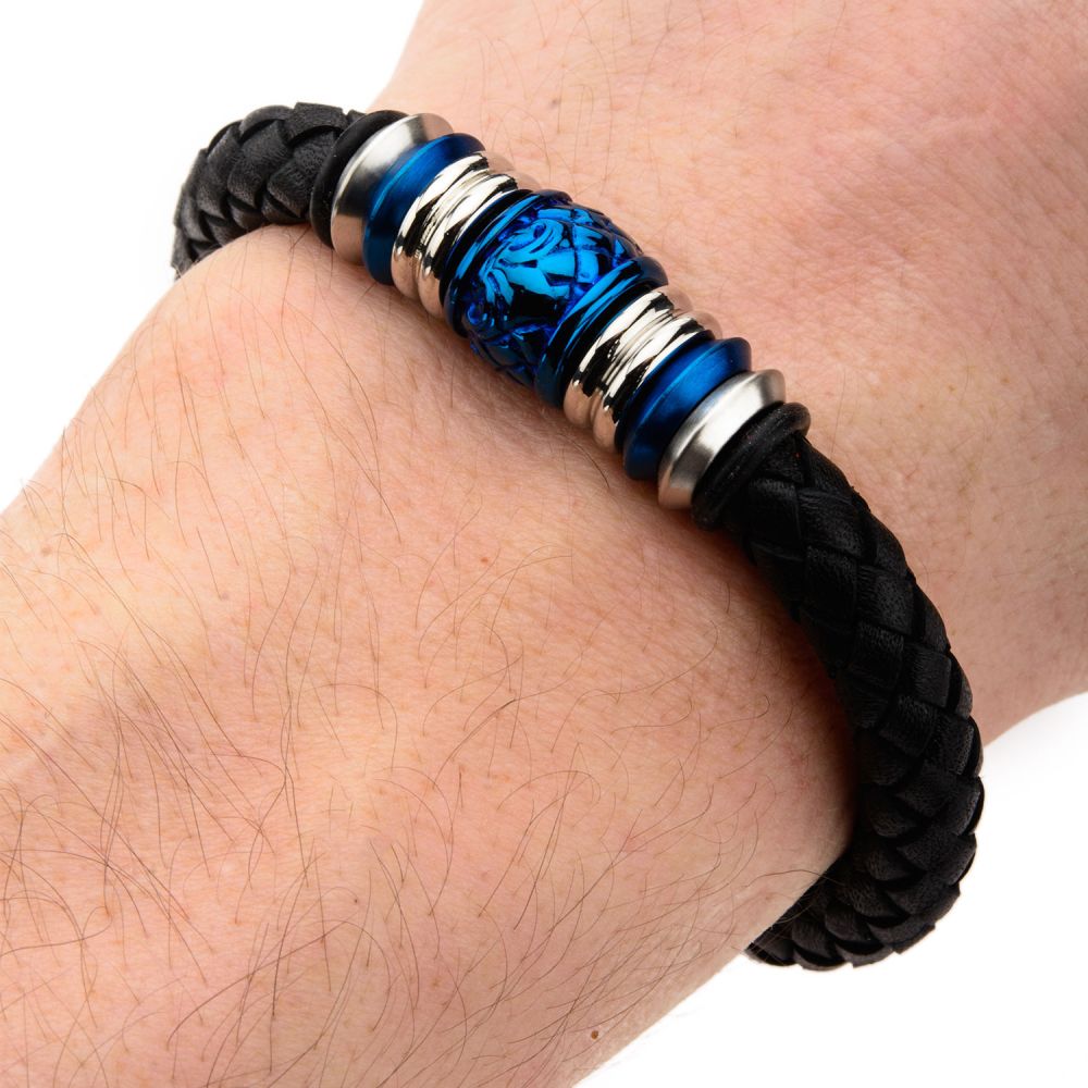 Steel & Blue Bead Black Braided Leather Bracelet