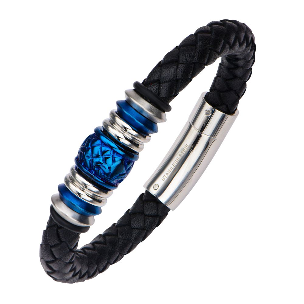 Steel & Blue Bead Black Braided Leather Bracelet