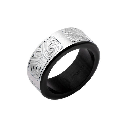 Black Stainless Steel Scroll Pattern Ring