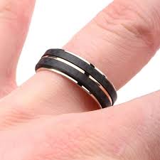 Rose Tone Stainless Steel Double Black Carbon Fiber Stripe Band Ring