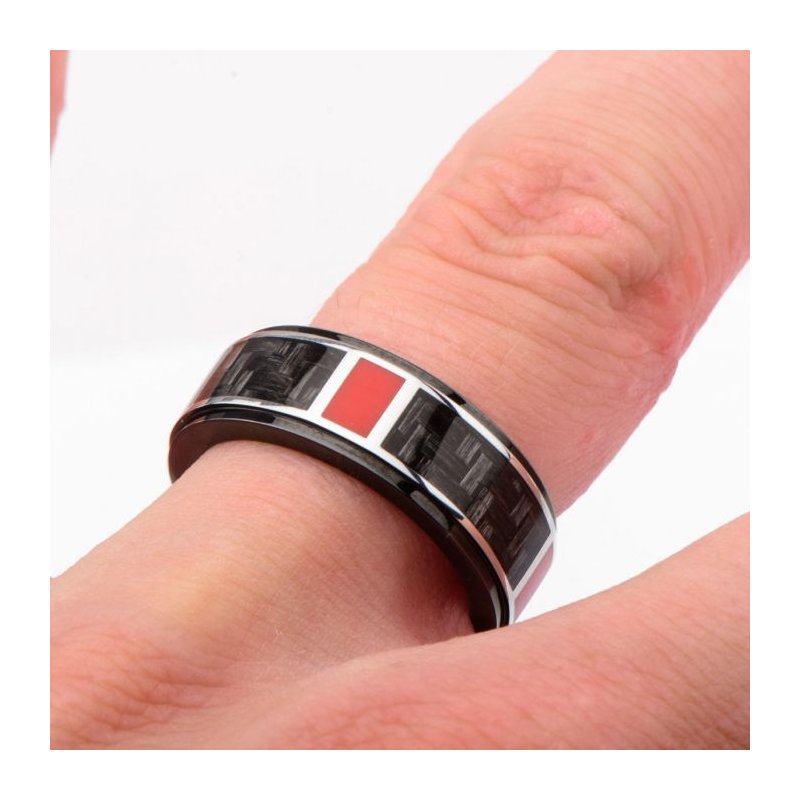 Polished Finish Black with a dash of red Carbon Fiber Weave Pattern Ring