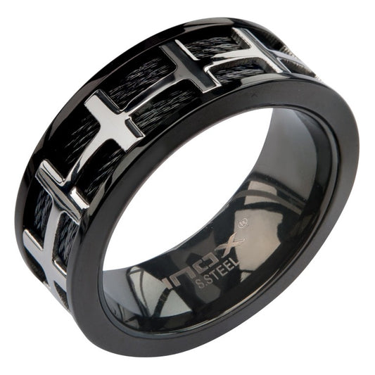 Men's Stainless Steel Cable In Black Track Polished Ring