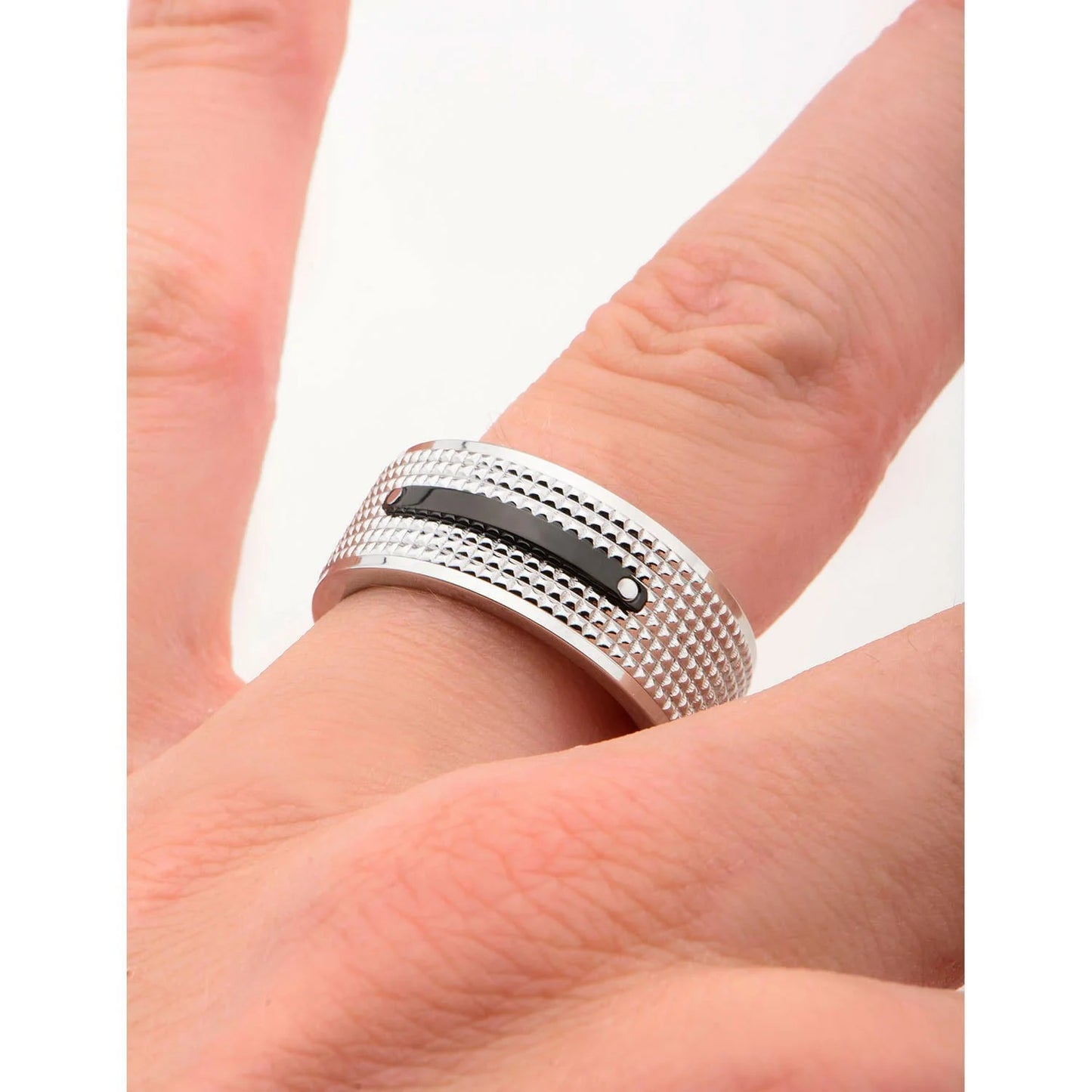 Black and Silver Tone Stainless Steel Checkered Band Ring