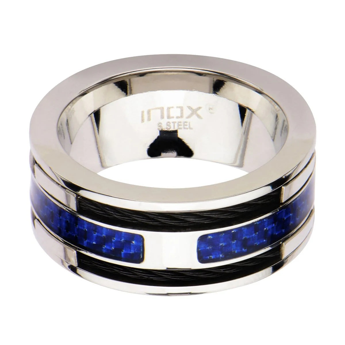 Silver Tone Stainless Steel Black Cable and Blue Carbon Fiber Ring