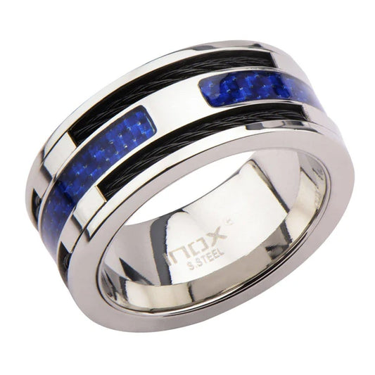 Silver Tone Stainless Steel Black Cable and Blue Carbon Fiber Ring