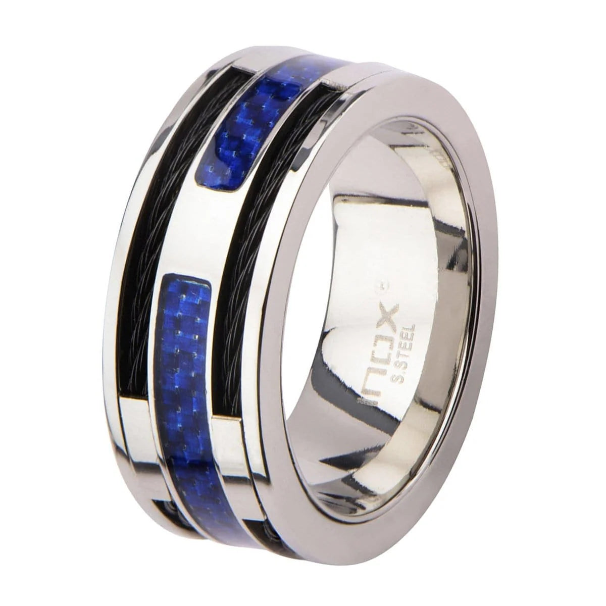 Silver Tone Stainless Steel Black Cable and Blue Carbon Fiber Ring