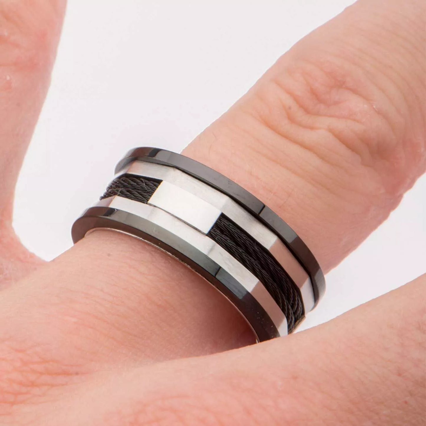 Black Stainless Steel Cable Inlay Ring